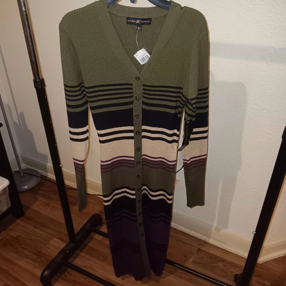 Almost Famous Olive, Purple & Cream Striped Button-Front Cardigan Dress